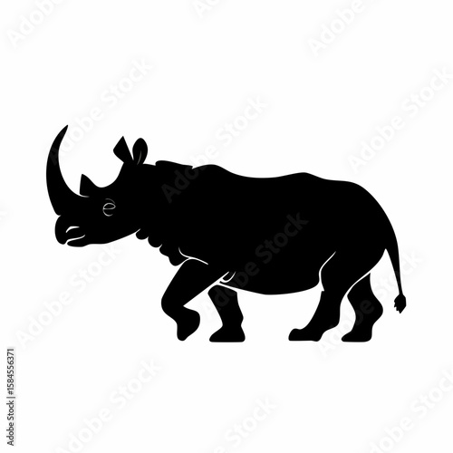 Silhouette of a rhinoceros walking with a prominent horn and thick skin