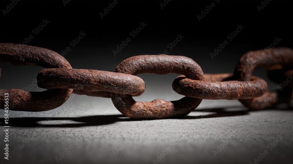 Fototapeta premium Broken iron chain links on a dark surface, symbolizing liberation and breaking free from constraints.