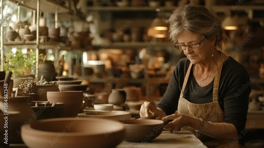 A mature woman meticulously crafts pottery in her well-stocked studio A mature woman meticulously crafts pottery in her well-stocked studio