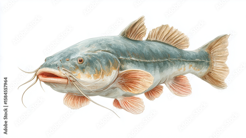 Obraz premium Watercolor Illustration of Catfish on White Background