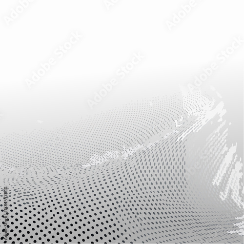 Warped halftone dot pattern in black on a white background with smooth fading, giving a 3D digital texture effect.