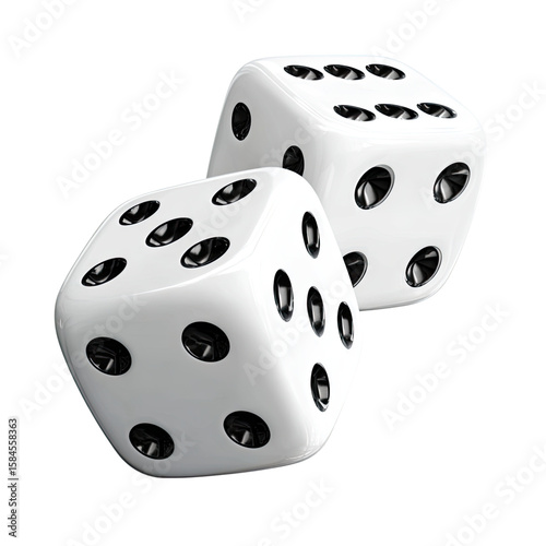 Closeup of Two White Dice with Black Dots, Rolling Dice Game, Chance and Luck Concept, 3D Rendered Image
