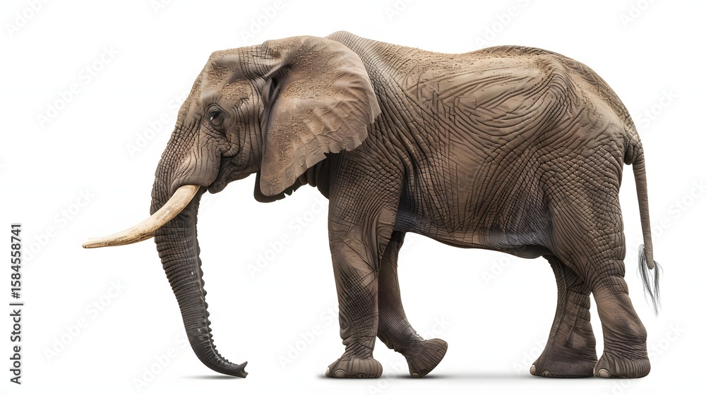 Fototapeta premium Large Gray African Elephant Walking in White Background