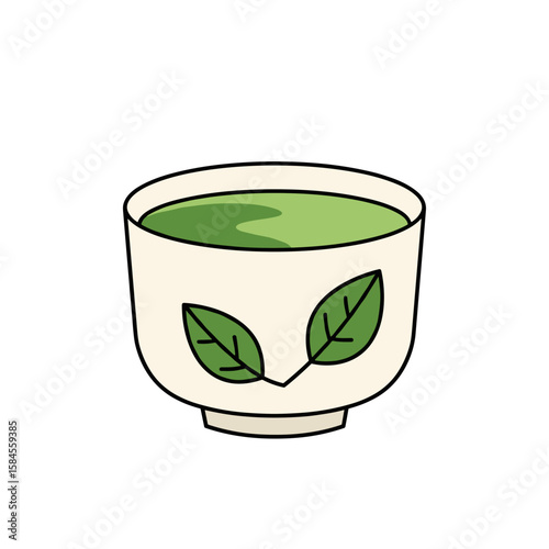Matcha tea cup with leaf design in minimalist style  