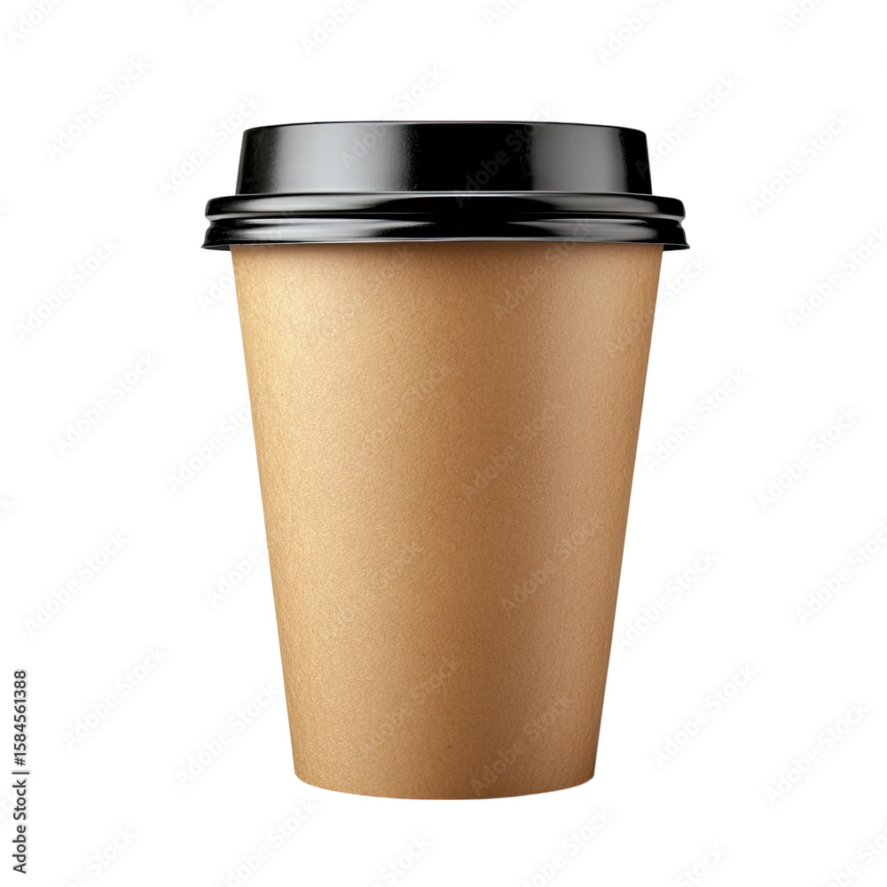 A brown paper coffee cup with a black lid, on a white background PNG, front view, isolated, high-resolution photography. A brown paper coffee cup with a black lid, on a white background PNG, front view, isolated, high-resolution photography.