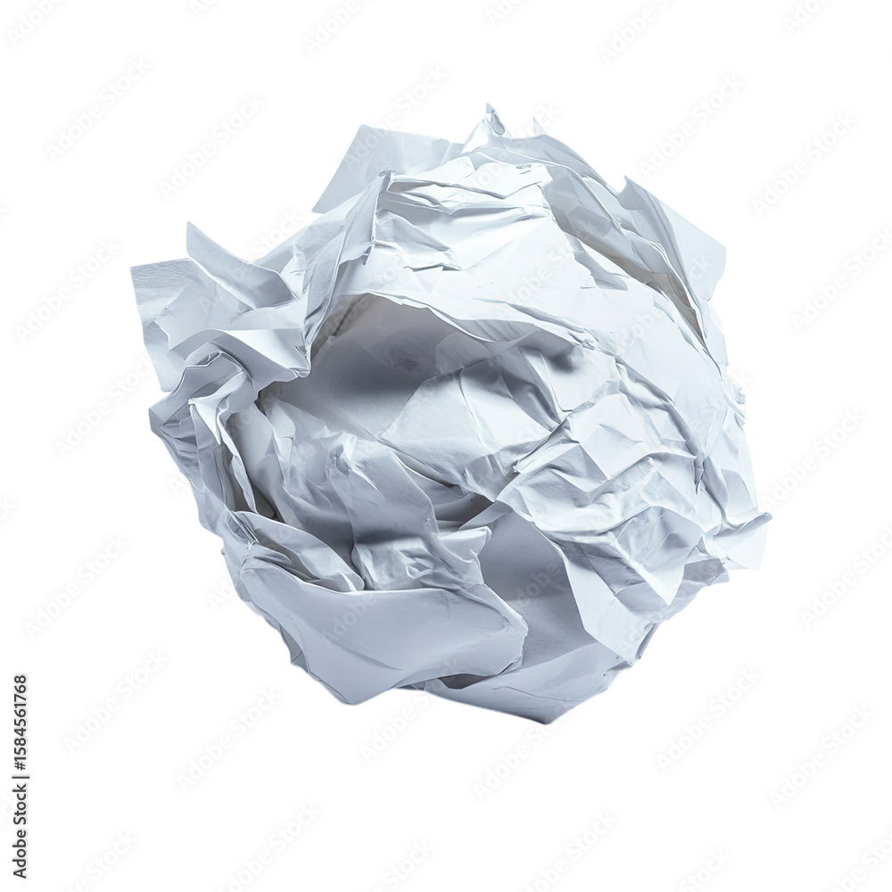 Obraz premium A crumpled ball of white paper on an isolated background, representing the idea of tabling documents or papers in a corporate atmosphere. Isolated on a white background PNG