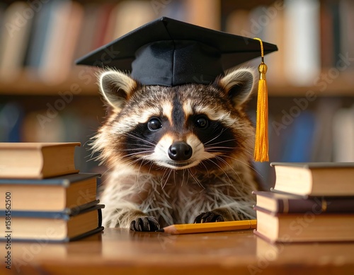 Raccoon in graduation cap with books