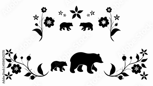Black silhouette of bears and flowers arranged symmetrically on a white background design layout