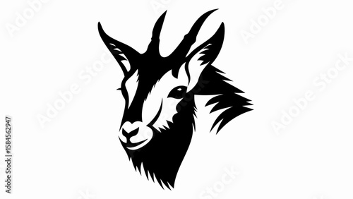 Illustration of a chamois head in black and white with detailed facial features and sharp horns design