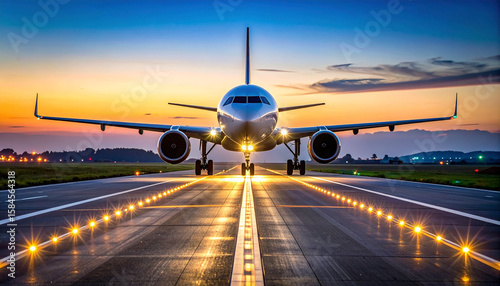Wallpaper Mural Commercial airplane taxiing on illuminated runway at dusk with clear twilight sky and distant landscape creating peaceful and vibrant atmosphere Torontodigital.ca