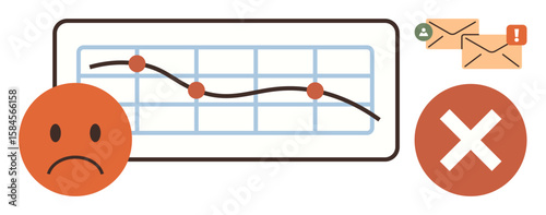 Downward trend chart with red points, sad face, alert emails, and error mark. Ideal for business setbacks, analytics, performance management, failure analysis alerts problem-solving. Simple flat