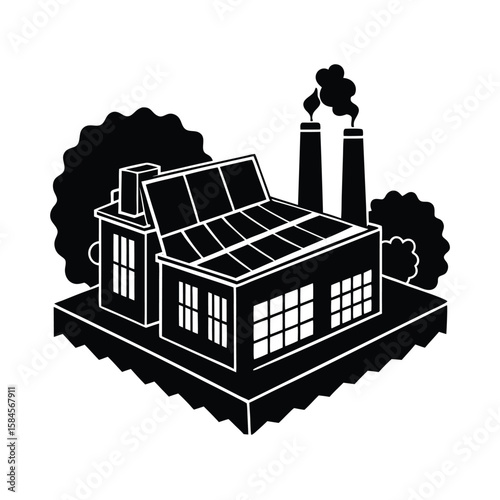 Eco Conscious Manufacturing Facility Designed With Zero Emissions Approach vector silhouette on white background