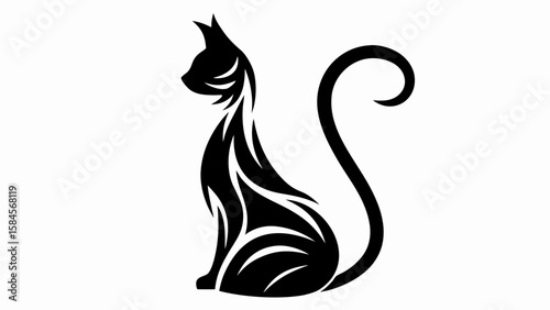 Silhouette of a stylized black cat sitting with a curled tail and decorative fur markings design element