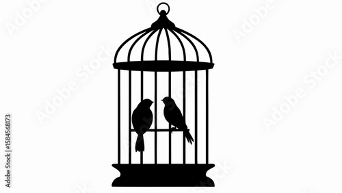 Silhouette of two birds inside a birdcage with a rounded top and ornate base design in black color