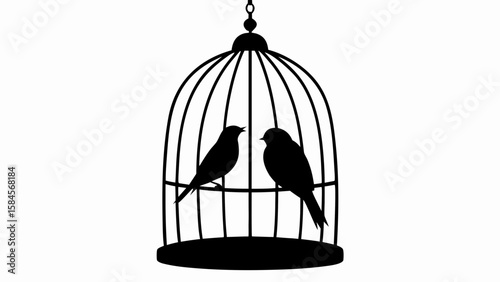 Silhouette illustration of two birds inside a vintage birdcage hanging from a chain element