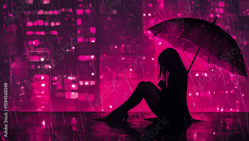 The silhouette of a girl sitting on the floor with an umbrella in her hand, a cityscape with pink neon lights and gentle raindrops, depicted in a vibrant anime style.