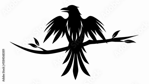 Silhouette of a raven perched on a branch with leaves spreading its wings in black and white style