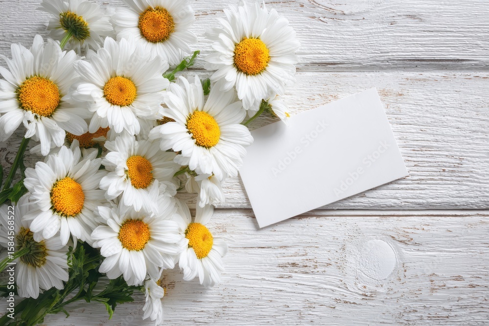 Fototapeta premium White daisies on a white wooden surface with a space for writing