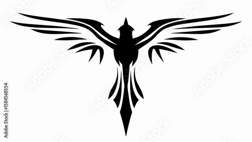 Stylized black silhouette of a bird with outstretched wings in a tattoo like design format image