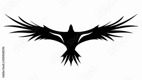 Silhouette of a stylized raven in flight with outstretched wings on a white background design element