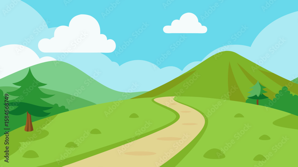 Fototapeta premium Cartoon Nature Path Through Green Hills