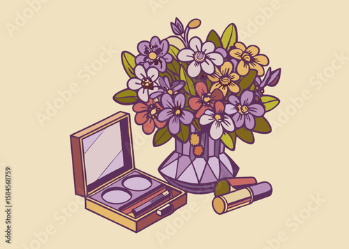 Vibrant Bouquet of Flowers with Makeup Essentials in Soft Colors for Beauty Blogs, Floral Design Websites, Cosmetic Promotions, and Creative Social Media Content  