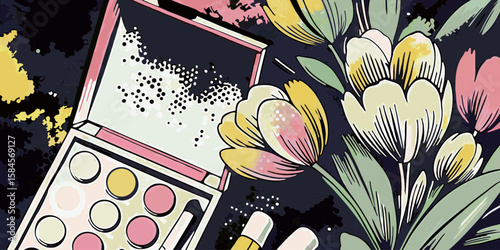 Cosmetic Palette and Spring Flowers in Floral Style Background for Beauty Blogs, Makeup Tutorials, Artistic Websites, Fashion Content, and Social Media Posts  