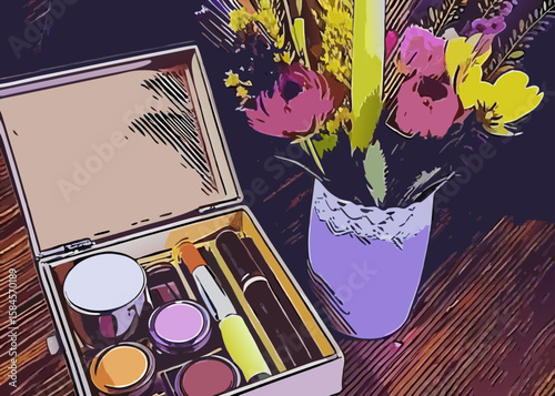 Makeup Kit with Vibrant Colors and Flower Vase on Wooden Table for Beauty Blogs, Lifestyle Websites, and Creative Social Media Posts, Makeup Set with Flowers for Beauty Content  