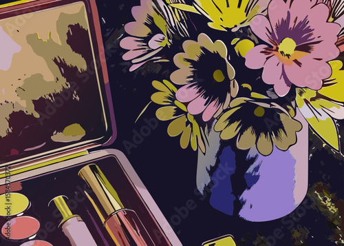 Colorful Makeup Palette and Floral Arrangement on Dark Background for Beauty Blogs, Personal Care Websites, Aesthetic Articles, and Social Media Content  