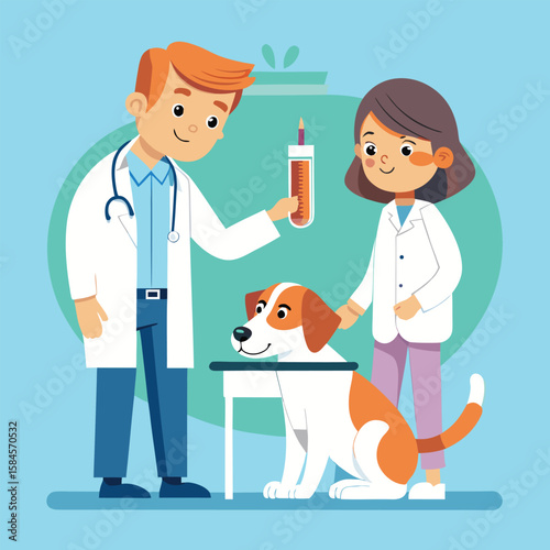 Veterinary clinic illustration depicting a dog with veterinarians during examination procedure