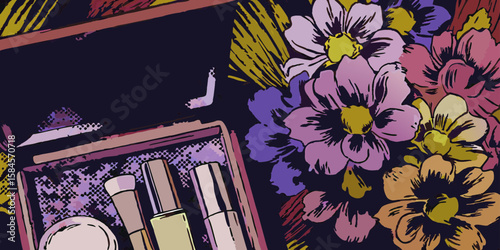 Makeup kit and flowers in vibrant colors, for beauty blogs