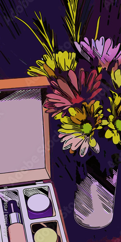 Colorful flowers in vase near makeup kit, for beauty blogs