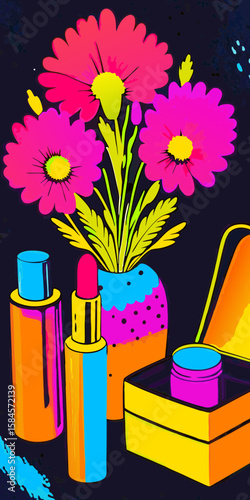 Bright floral still life with makeup products, for beauty blogs