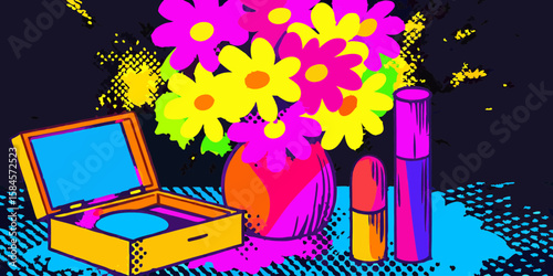 Bright flowers in vase with makeup and box, for website design