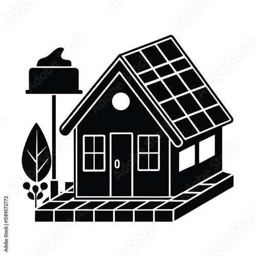 Flat Vector Of Solar Powered Smart Home With Electric Vehicle Charging Station vector silhouette on white background