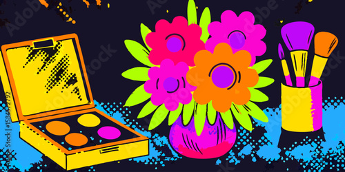 Vibrant Makeup Palette and Colorful Flower Arrangement for Beauty Blogs, Cosmetic Websites, Creative Arts Content, and Digital Marketing Materials  