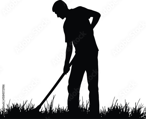 Vector silhouette of a man cutting grass with a scythe