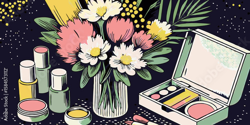 Floral Arrangement with Cosmetic Products for Beauty Blogs, Makeup Tutorials, Skincare Guides, Wellness Websites, and Social Media Content  