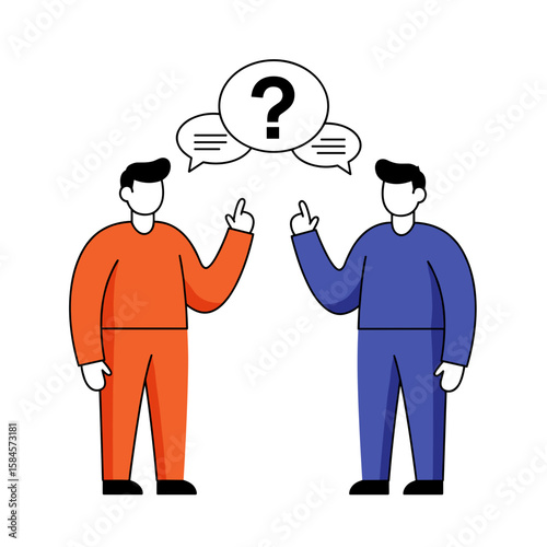 Two men discussing questions with speech bubbles in a minimal style  