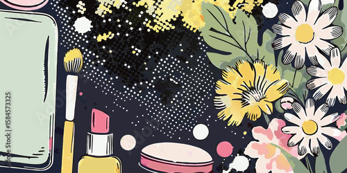 Floral Makeup Pattern with Cosmetic Products and Abstract Elements for Beauty Blogs, Skincare Websites, Wellness Articles, and Social Media Content  