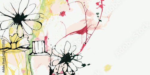 Floral Abstract Art with Perfume Bottles and Ink Illustration for Beauty Blogs, Personal Care Websites, Fashion Publications, and Creative Marketing Content  