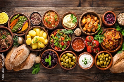 A Diverse and Colorful Mediterranean Feast with Fresh Ingredients and Traditional Dishes