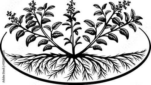 Illustration of a plant with leaves and roots enclosed within a semi circular frame design element
