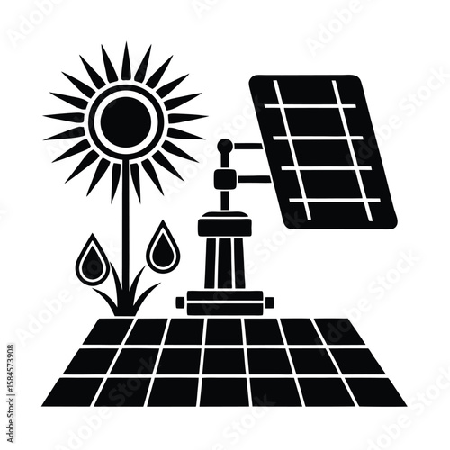 Solar Powered Irrigation System Used In Agriculture For Sustainable Farming vector silhouette on white background