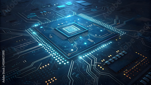 Here's a single sentence for describing the image:

A blue electronic circuit board background showcases the intricate macro details of computer hardware, chips, and components, embodying digital tech