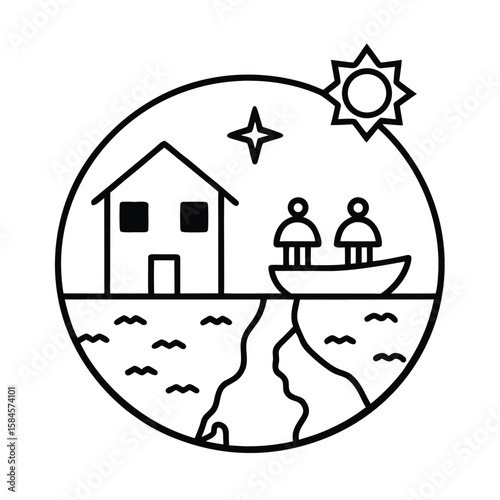 Vector Art Of Climate Refugees Relocating Due To Severe Weather Events vector line art on white background