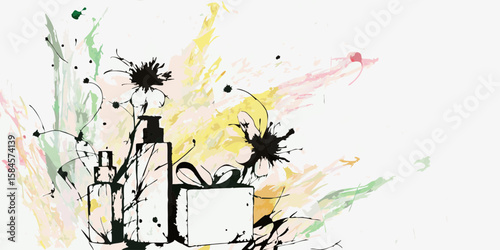 Stylish Line Art of Beauty Products with Splashes of Color for Fashion Websites, Branding Materials, Cosmetic Blogs, and Social Media Promotions  