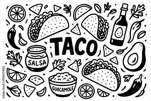 Hand-drawn illustration of various taco ingredients and food items, including tacos, salsa, guacamole, and chips.