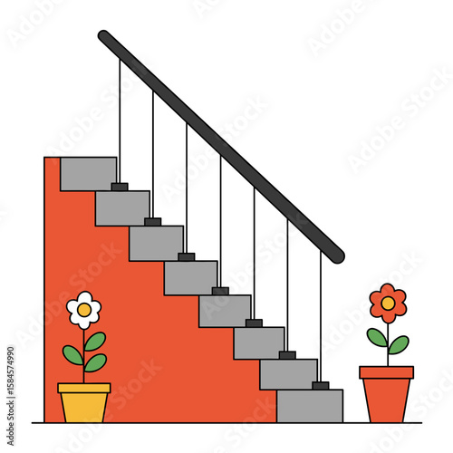 Modern staircase with flower pots on the side in minimalist style  