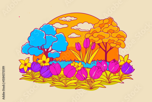 Spring landscape illustration with vibrant colors, for springtime design